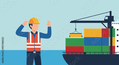 Port worker directs crane loading shipping containers onto a cargo ship at sea