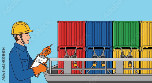 Inspection of stacked shipping containers on a cargo ship, with a worker checking documents