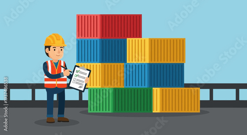 Logistics Worker Inspecting Stacked Shipping Containers with Clipboard