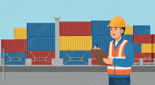 Port worker in hardhat and vest inspects stacked shipping containers with clipboard