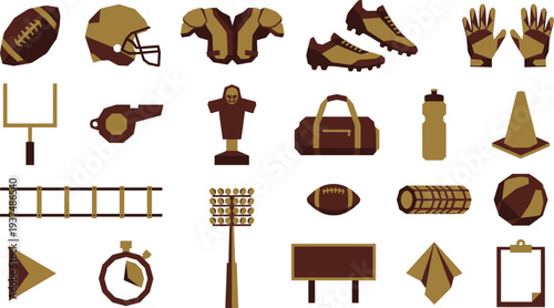 A comprehensive collection of low poly geometric American football equipment and accessories depicted in a clean icon set.