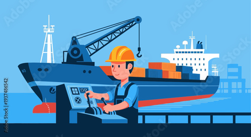 Port worker operating crane controls near cargo ship with containers