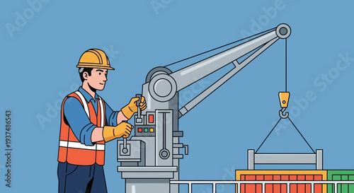 Construction worker operating a large industrial crane from a control panel