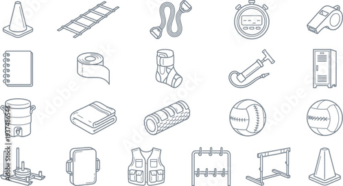 Collection of isometric line art icons representing various essential fitness training and athletic equipment items