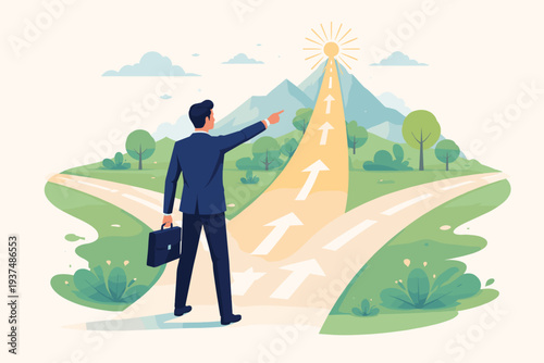 Businessman at a Crossroads Choosing the Path to Success, Leadership and Ambition Concept with a Man Pointing Towards a Mountain Peak and Sun, Career Growth, Vision, and Strategic Decision Making