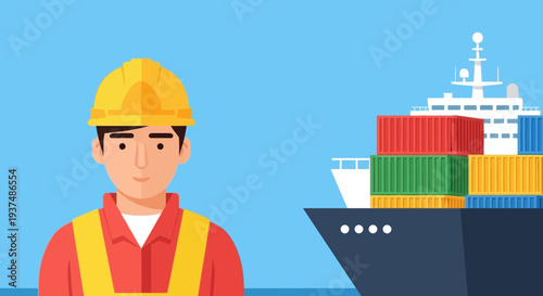 A diligent cargo worker stands beside a massive container ship at sea, representing global maritime logistics and transportation.