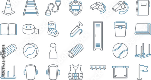 Collection of simple line icons representing various sports equipment and athletic training accessories