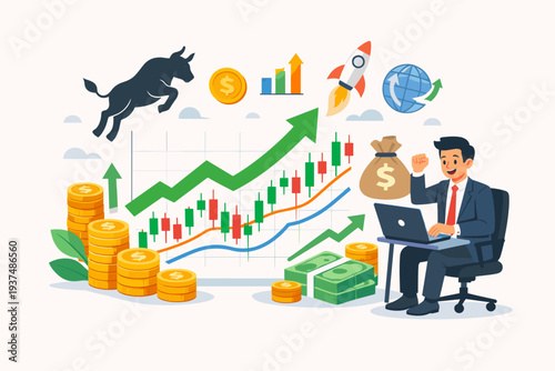 Investor celebrating profit from stock market trading with bull market trend, financial candlestick chart, rocket growth, money bag, gold coins, and global economy vector illustration concept.