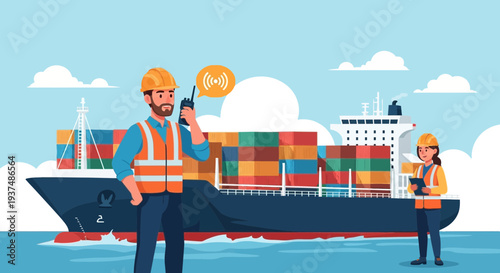 Port worker communicates with radio beside cargo ship loaded with containers at sea