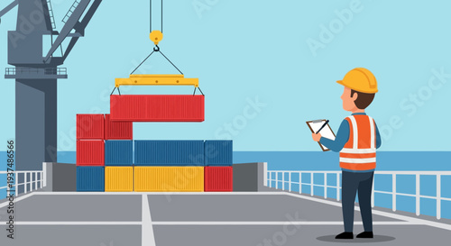 Crane lifting container at shipping port with inspector overseeing operations at sea