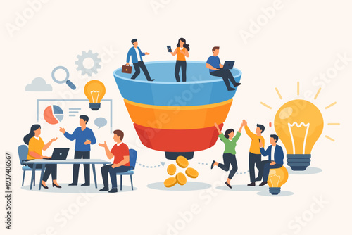 Business marketing funnel and sales conversion concept with professional team brainstorming for creative ideas, employee management meeting, lead generation, and financial profit illustration.