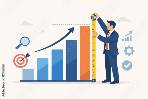 Businessman in suit measuring bar chart growth with tape measure, concept of KPI key performance indicator, financial success, business progress, benchmarking, and data analysis vector illustration