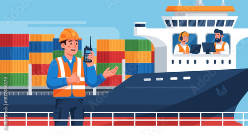 Shipping Worker Communicating With Ship Captain Amidst Containers and Cargo Ship