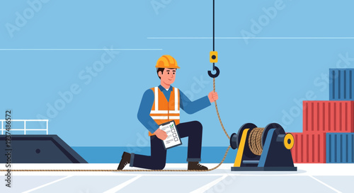 Construction worker on knee inspecting rope near industrial crane winch with clipboard