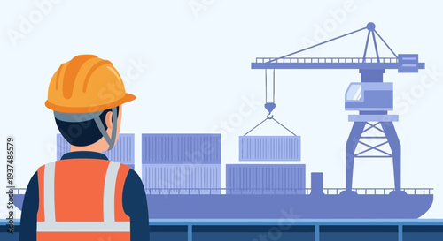 Port worker in hard hat and safety vest observes crane loading shipping containers onto a large cargo vessel