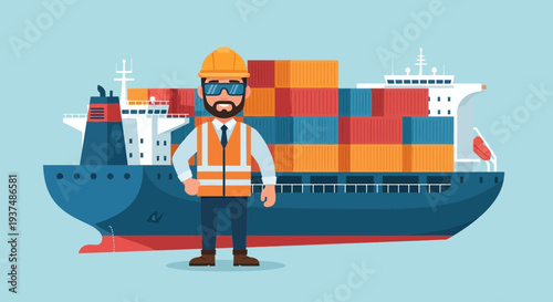 Port worker in reflective vest and hard hat overseeing container ship operations