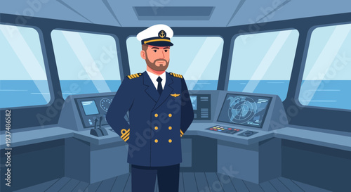 Experienced ship captain in uniform standing on the bridge overlooking the sea, showcasing maritime authority and navigational control.