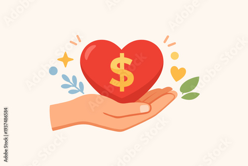 Hand Holding a Red Heart with a Dollar Sign for Charity Donation and Nonprofit Support. Concept of Giving, Philanthropy, Community Assistance, Volunteer Care, and Financial Aid for Social Causes.