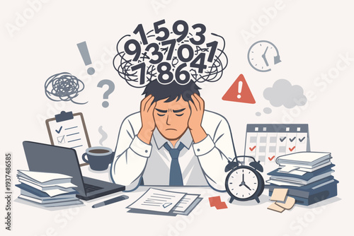 Stressed Businessman Overwhelmed by Workload and Deadlines at Office Desk, Mental Burnout and Anxiety Concept with Cluttered Mind, Numbers, Tasks, and Time Pressure Vector Illustration