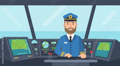 Bearded Ship Captain in Blue Uniform on the Bridge Navigating at Sea