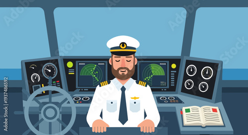 Ship captain focused on navigation from the bridge with radar screens in a maritime setting