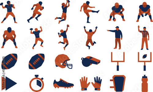 Collection of stylized two-color icon set featuring diverse American football player actions and essential game equipment