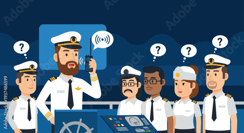 Ship Captain Communicates Via Radio to Crew on Bridge Navigational Station
