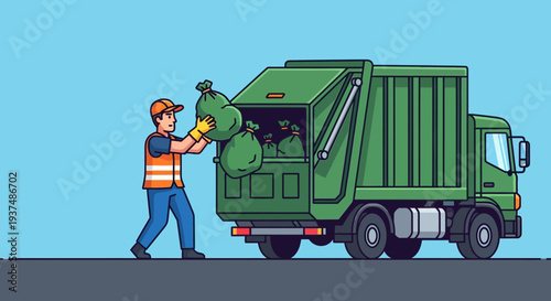 Garbage truck worker loading trash bags into a green refuse vehicle