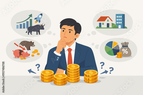Businessman Thinking about Investment Strategy and Financial Planning, Choosing Between Bull and Bear Market, Real Estate, Savings, and Portfolio Management for Wealth Growth and Profit Success.