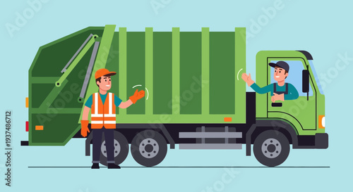 Friendly garbage truck worker and driver waving goodbye with large green collection vehicle