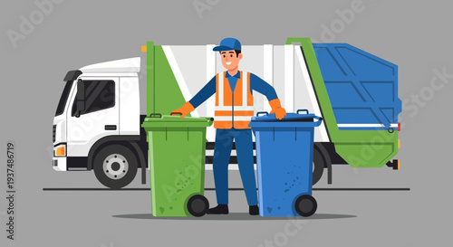 Sanitation worker collecting waste from green and blue bins near a garbage truck
