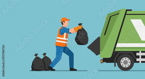 Sanitation worker in uniform carrying garbage bags towards a collection truck