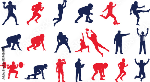 Collection of diverse American football player silhouettes showing various actions and team staff illustrations