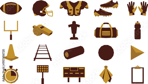 American football equipment and training accessories flat design vector icons set on white background.
