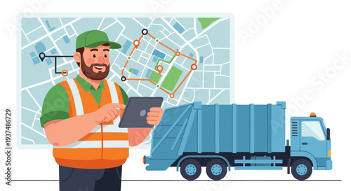 Sanitation worker uses tablet to plan waste truck route on city map
