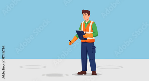 Construction Worker Inspecting Site with Clipboard and Safety Vest