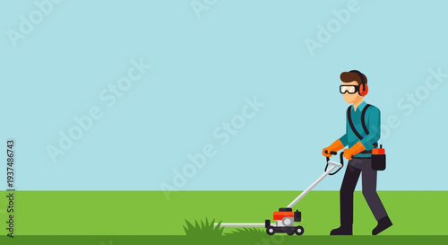Man with lawnmower tending green grass in outdoor setting