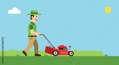A man in a green hat and shirt pushing a red lawn mower on a green lawn under a blue sky