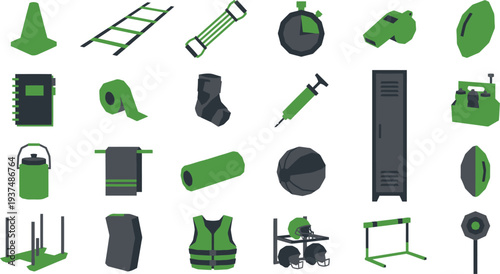 Collection of flat design athletic training equipment and sports accessory icons for fitness