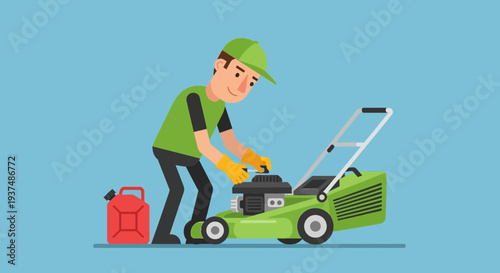 Gardener adjusting a lawnmower engine with tools and a gas can nearby, preparing for yard work