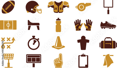 Essential american football equipment and game elements illustrated as simple graphic two-color vector icons.