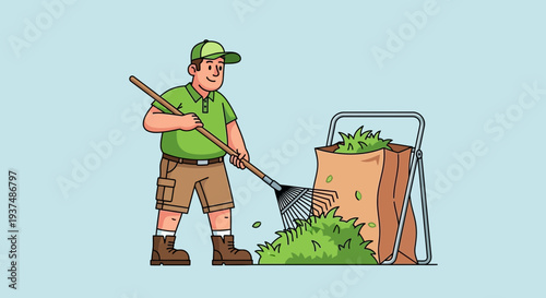 Gardener Raking Grass into a Yard Bag for Outdoor Cleanup