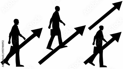 Businessmen walking with rising arrows symbolizing growth and success
