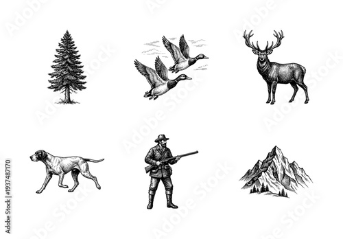 Vintage hunting and outdoor collection featuring hand drawn engravings of a hunter, deer, ducks, pointer dog, pine tree, and mountains