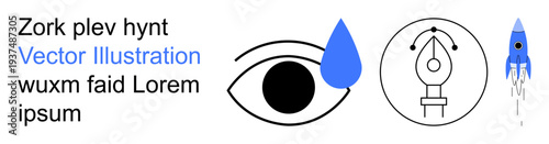 Creativity, design tools, emotional expression, innovation, space exploration, futuristic concepts. Eye with tear, pen tool icon blue rocket. Creativity and design tools symbolism concept