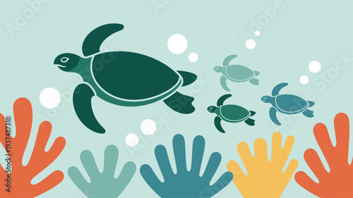 Sea Turtle Family Underwater Bubbles Coral