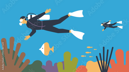 Scuba divers swimming underwater coral