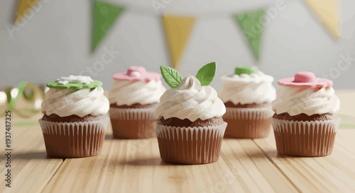 Chocolate cupcakes with white frosting and floral decorations on a wooden table