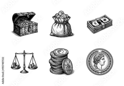 Set of vintage woodcut style illustrations of currency, wealth, and finance including a treasure chest, coins, bank notes, and balance scale.