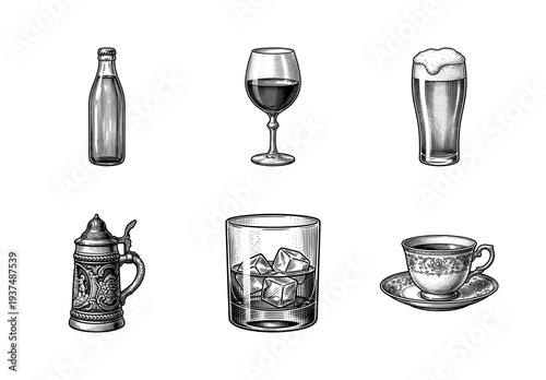 Vintage hand drawn engraving of various beverage containers including beer mugs wine glasses and tea cups